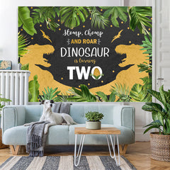 Lofaris Jungle Forest And Gold Dinosaur 2Rd Birthday Backdrop