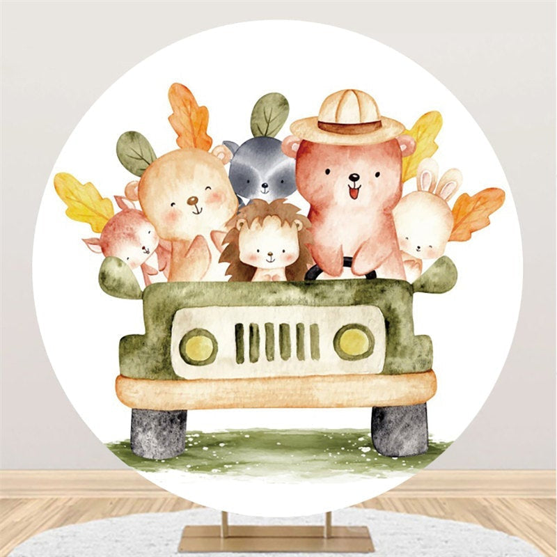 Lofaris Jungle Happy Abimals And Car Round Baby Shower Backdrop