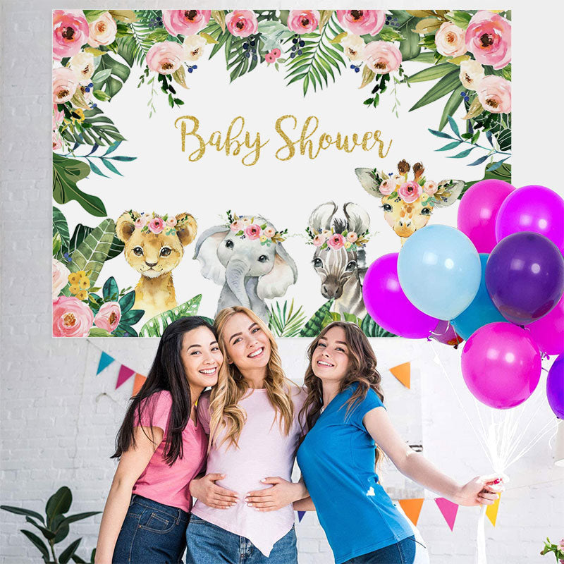 Lofaris Jungle Pink Rose and Baby Animals Shower Backdrop