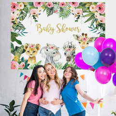 Lofaris Jungle Pink Rose and Baby Animals Shower Backdrop