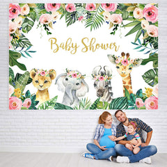 Lofaris Jungle Pink Rose and Baby Animals Shower Backdrop