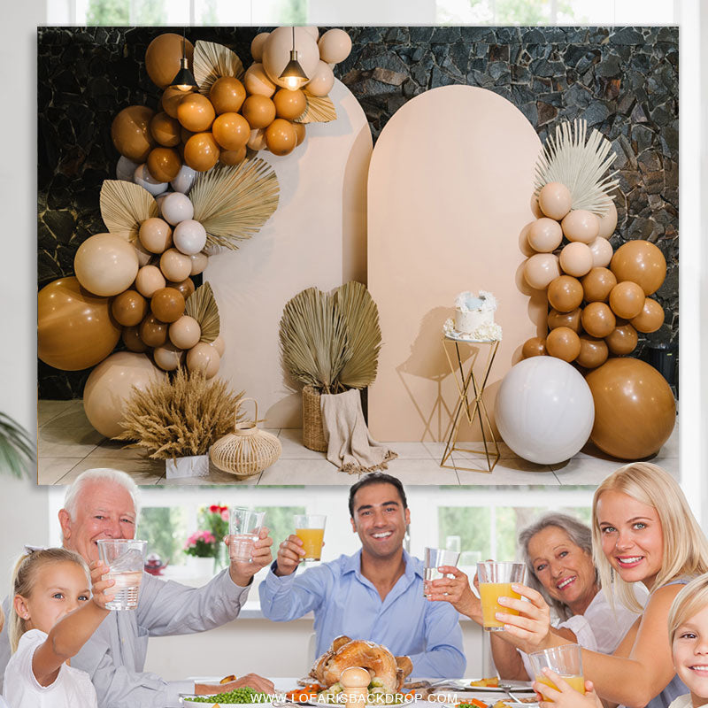 Lofaris Khaki Balloons Feather Stone Wall Birthday Backdrop