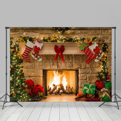 Lofaris Khaki Bricks Wall And Merry Christmas Trees Backdrop