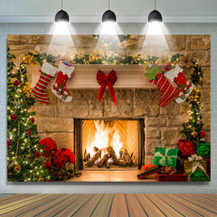 Lofaris Khaki Bricks Wall And Merry Christmas Trees Backdrop