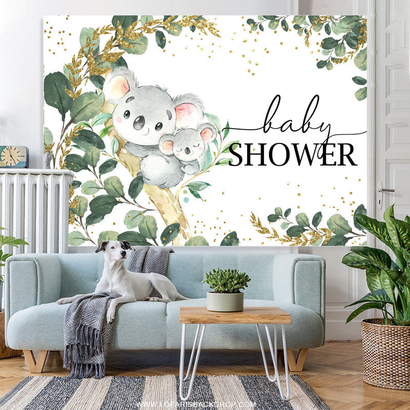 Lofaris Koala On The Tree Green Leaves Baby Shower Backdrop