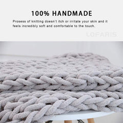 Lofaris Large Handmade Soft Chenille Warm Light Gray Thick Knit Blanket
