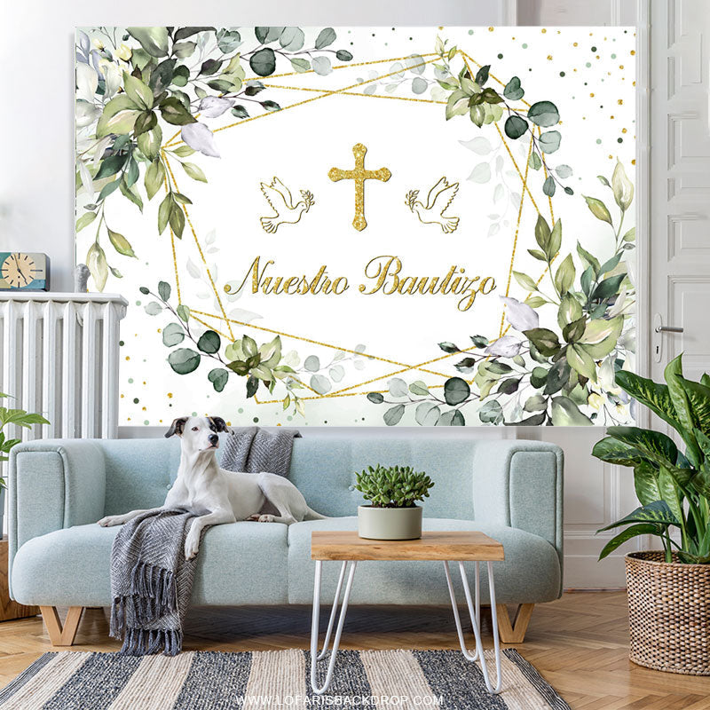 Lofaris Leaf With Dove Cross? Mi Bautizo Baptism Backdrop