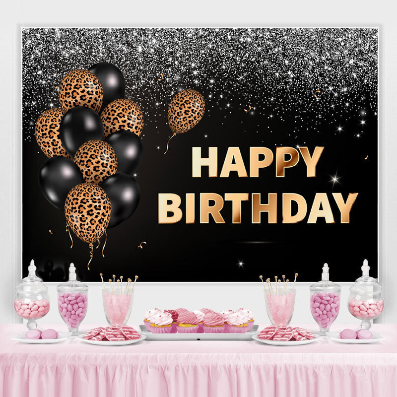 Lofaris Leopard Balloon Black Silver Glitter Happy Birthday Backdrop