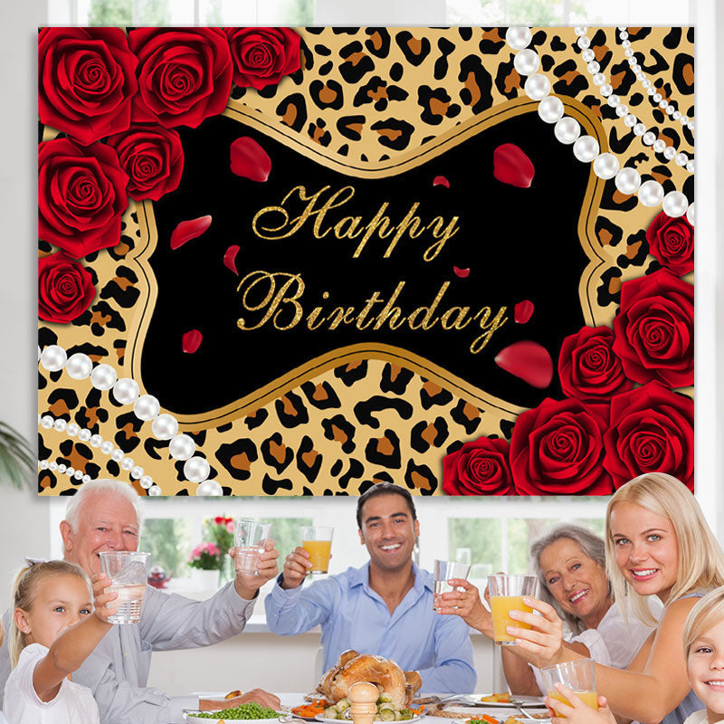 Lofaris Leopard Rose Glitter Themed Happy Birthday Backdrop