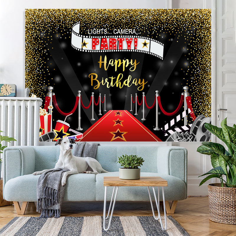Lofaris Lets Camera Party Red Carpet Gold Glitter Birthday Backdrop