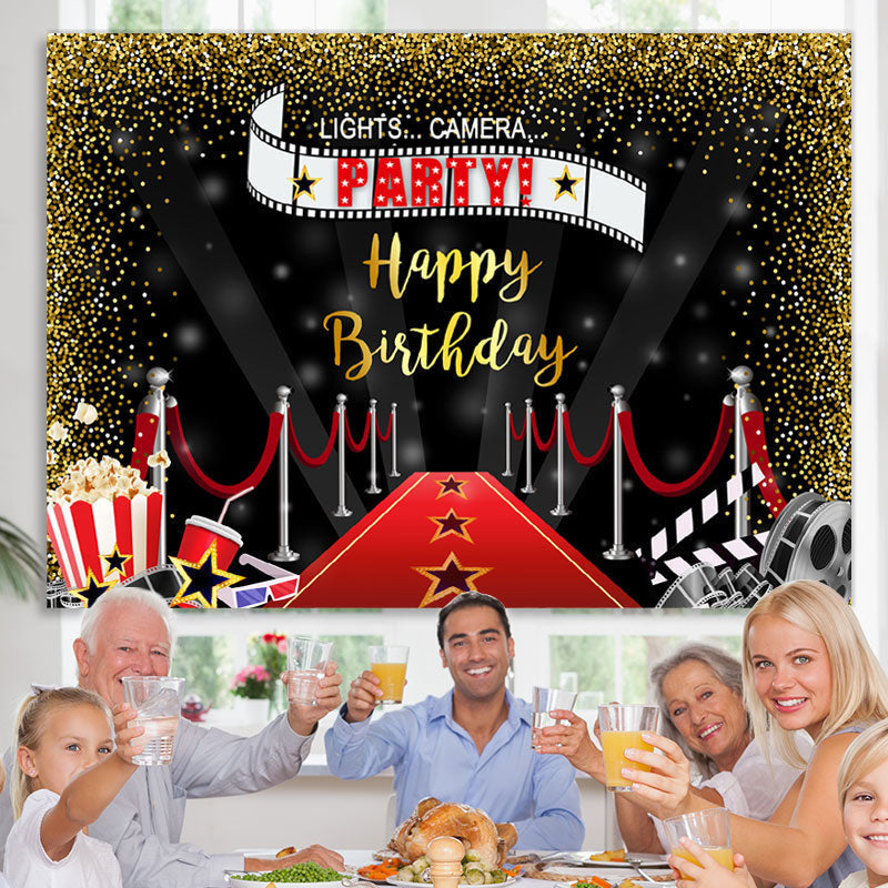 Lofaris Lets Camera Party Red Carpet Gold Glitter Birthday Backdrop