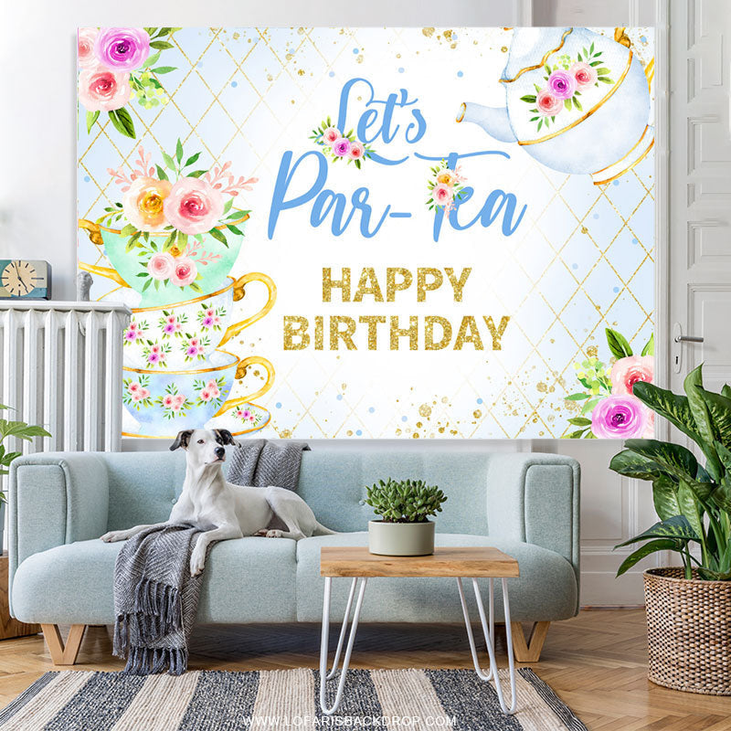 Lofaris Lets Partea Baby Blue Flower Happy Birthday Backdrop