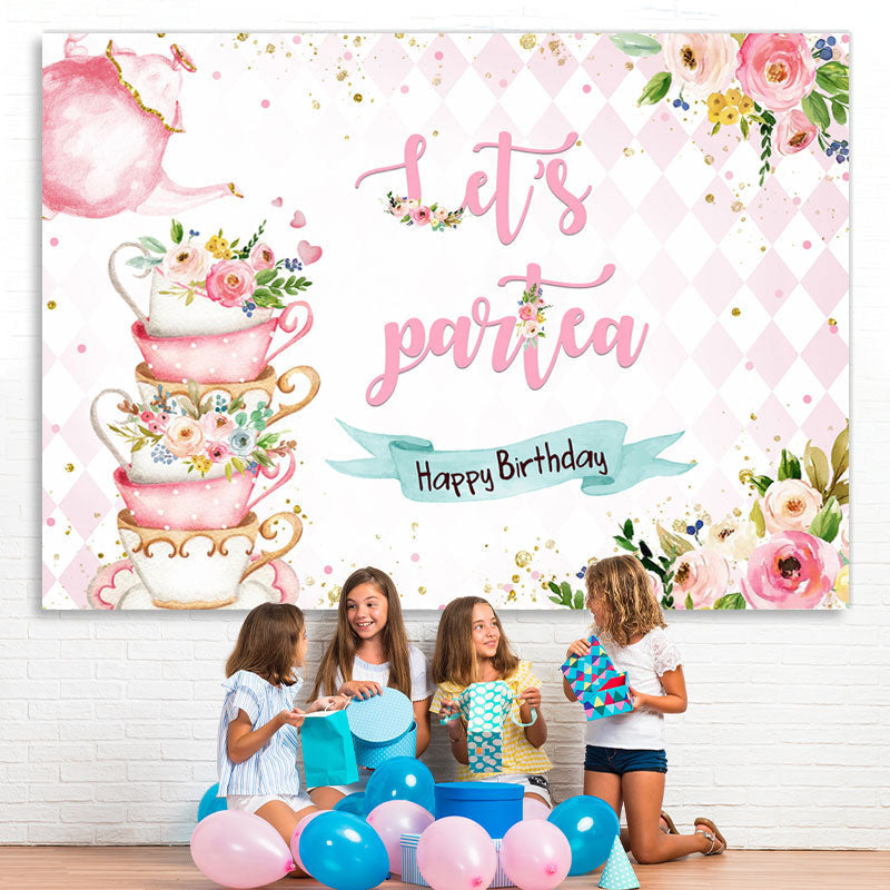 Lofaris Lets Partea Pink Teapot And Floral Birthday Backdrop