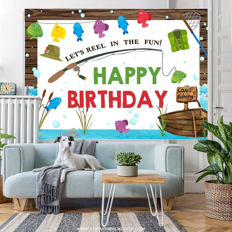 Lofaris Lets Reel In The Fun Fish Theme Happy Birthday Backdrop