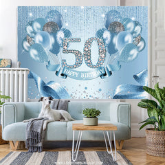 Lofaris Light Blue Balloon Ribbion Happy 50Th Birthday Backdrop