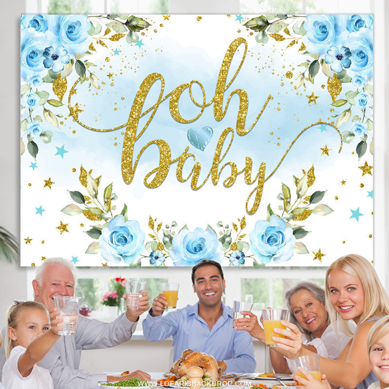 Lofaris Light Blue Flowers And Glitter Baby Shower Backdrop