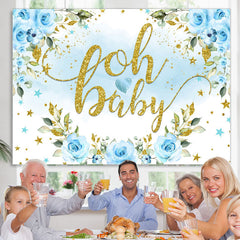 Lofaris Light Blue Flowers And Glitter Baby Shower Backdrop