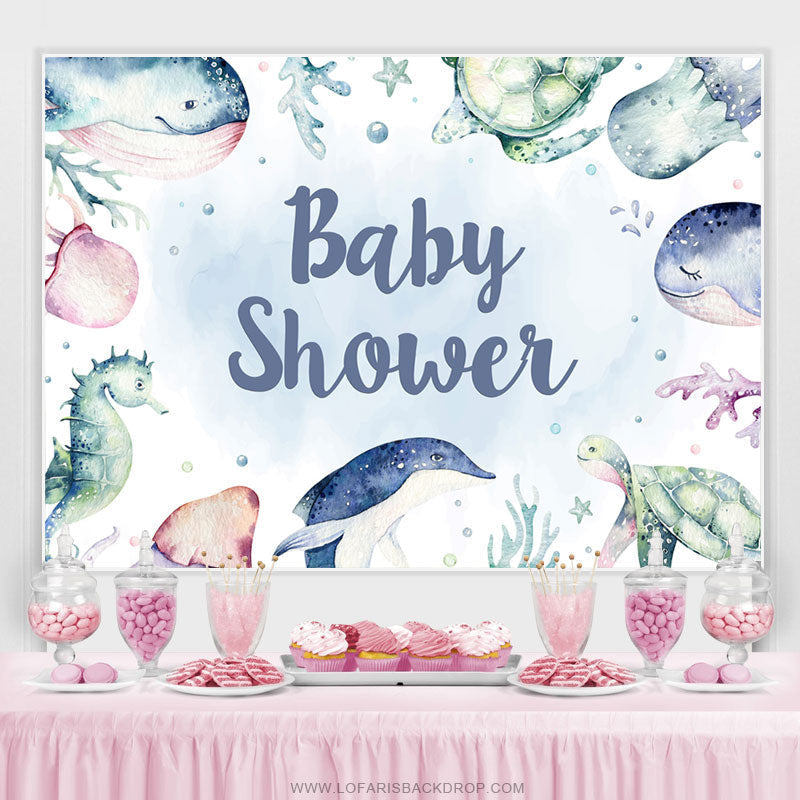 Lofaris Light Blue Sea World Animals Backdrop For Baby Shower