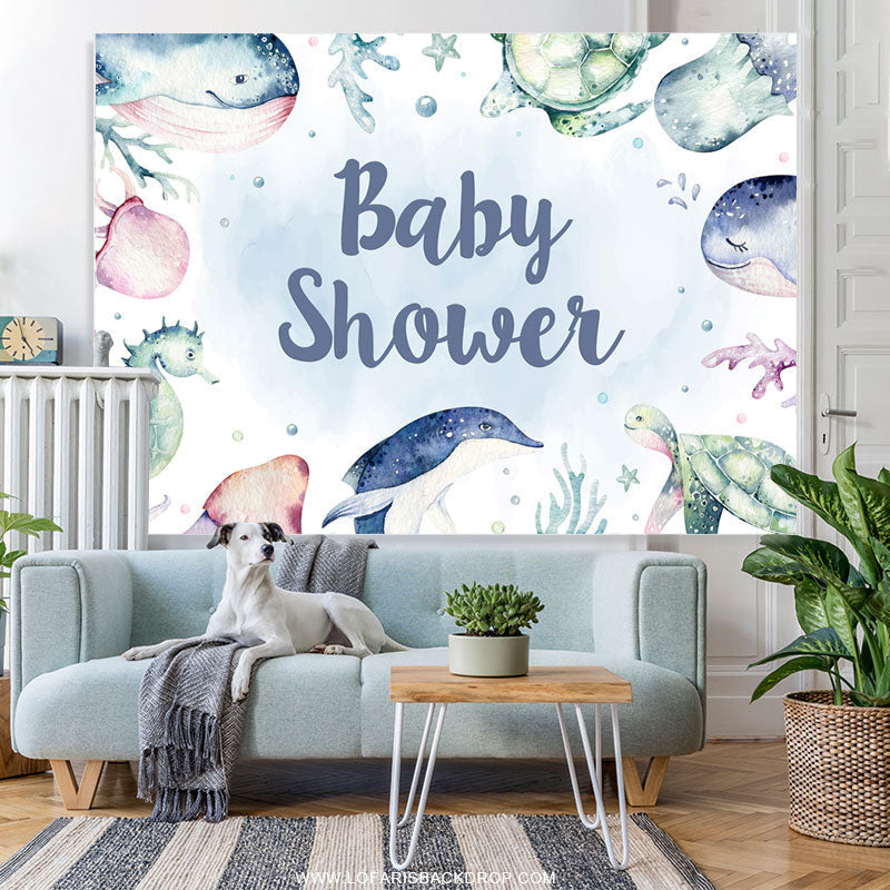 Lofaris Light Blue Sea World Animals Backdrop For Baby Shower
