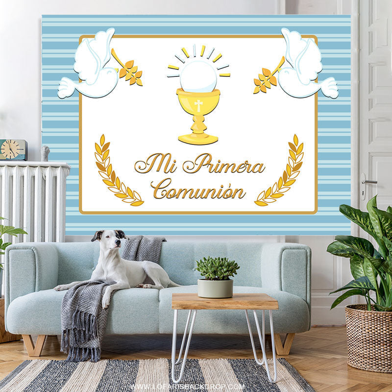 Lofaris Light Blue Stripes Gold Mi Primera Baby Shower Backdrop