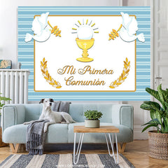 Lofaris Light Blue Stripes Gold Mi Primera Baby Shower Backdrop