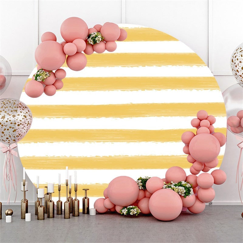 Lofaris Light Orange White Stripe Round Happy Birthday Backdrop