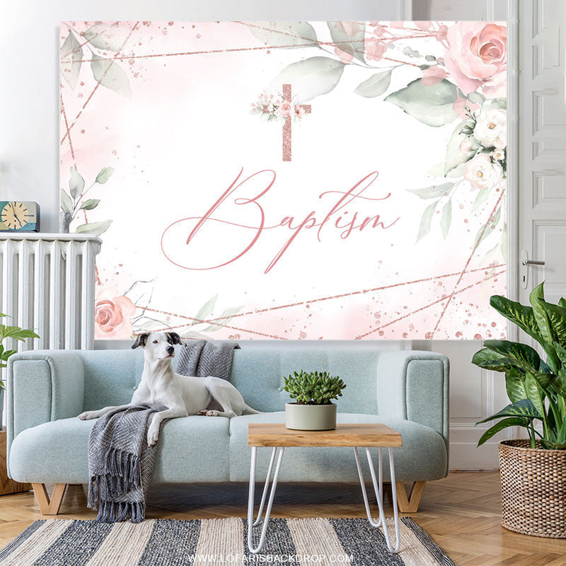 Lofaris Light Pink Baptism Cross Themed Birthday Backdrop