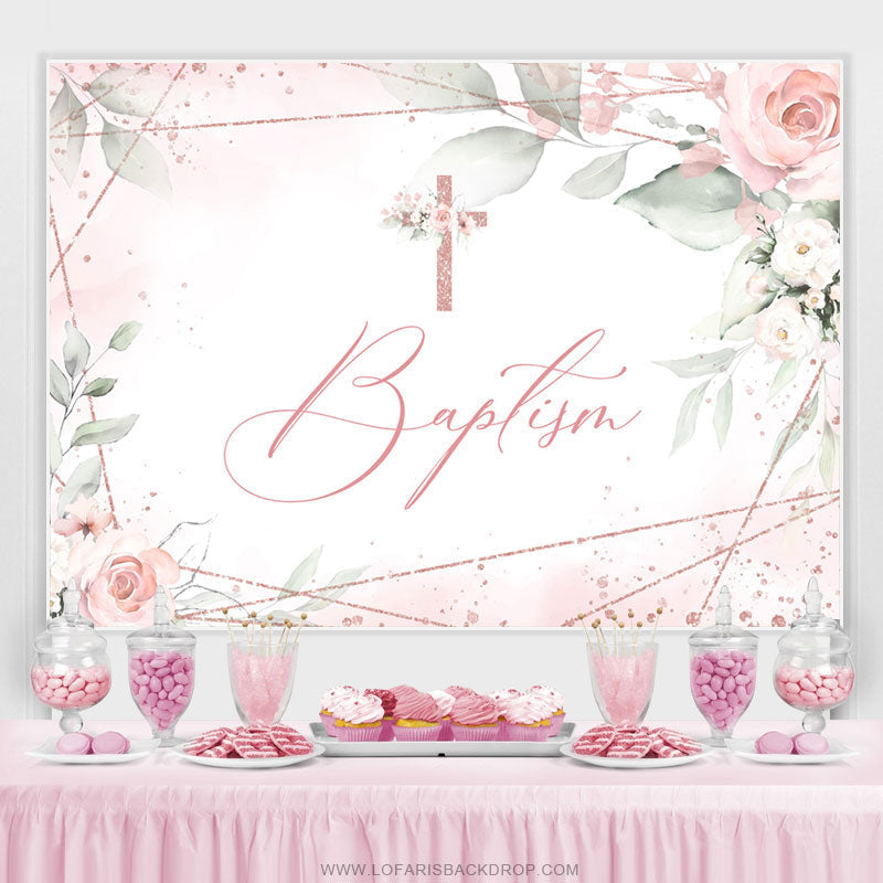 Lofaris Light Pink Baptism Cross Themed Birthday Backdrop