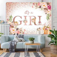 Lofaris Light Pink Floral And Pumpkin Glitter Baby Shower Backdrop