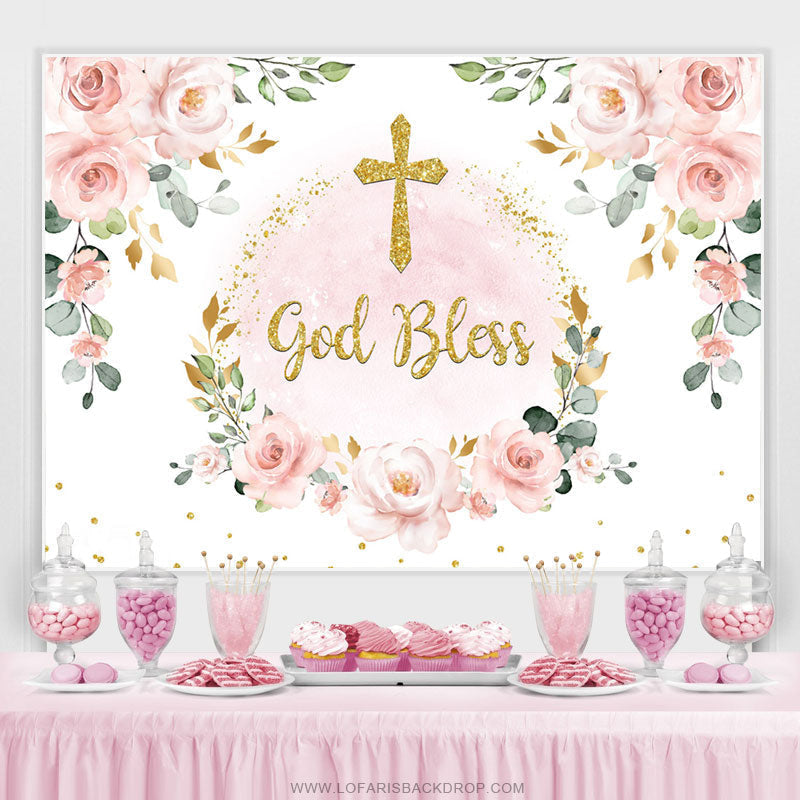Lofaris Light Pink Floral Gold Glitter Baby Shower Backdrop