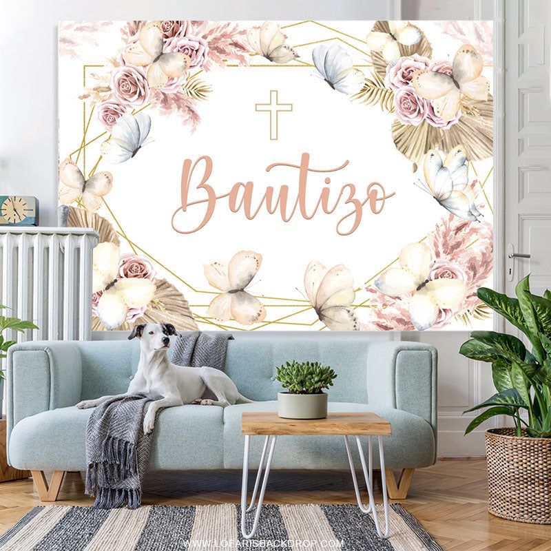 Lofaris Light Pink Floral Khaki Bautizo Baby Shower Backdrop