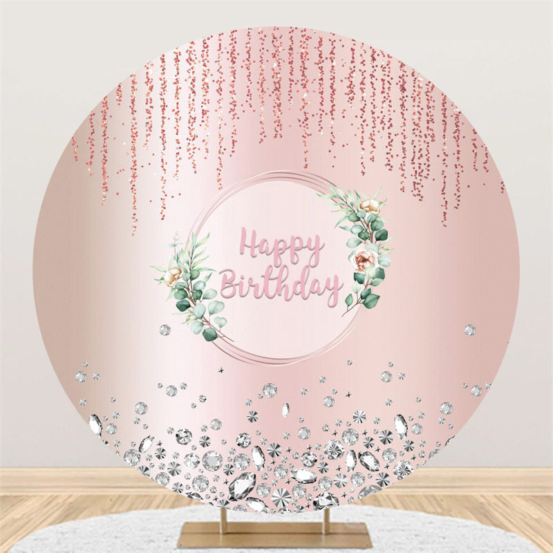 Lofaris Light Pink Glitter Green Leaves Round Birthday Backdrop