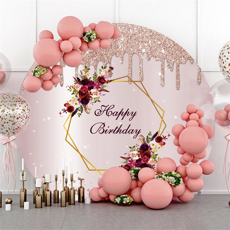 Lofaris Light Pink Glitter Round Floral Happy Birthday Backdrop | Circle Party Backdrop | Circle Birthday Backdrop Cover | Circle Background For Party