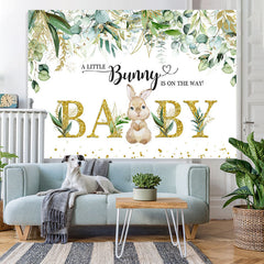 Lofaris Little Bunny And Green Leaves Gold Baby Shower Backdrop