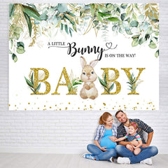 Lofaris Little Bunny And Green Leaves Gold Baby Shower Backdrop