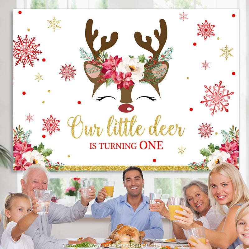 Lofaris Little Deer Is Turning One Snowflake Birthday Backdrop