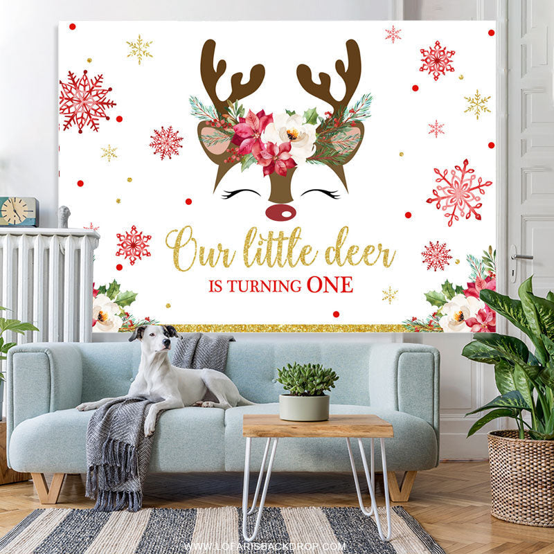 Lofaris Little Deer Is Turning One Snowflake Birthday Backdrop