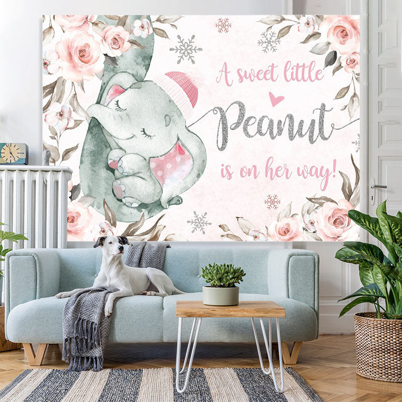Lofaris Little Sweet Elephant Pink Floral Baby Shower Backdrop