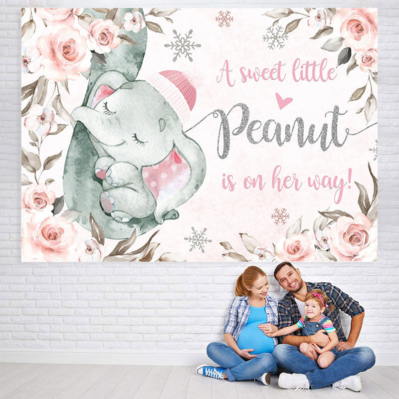 Lofaris Little Sweet Elephant Pink Floral Baby Shower Backdrop