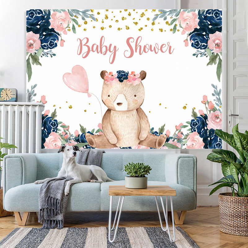 Lofaris Little Teddy Bear with Florals Baby Shower Backdrop