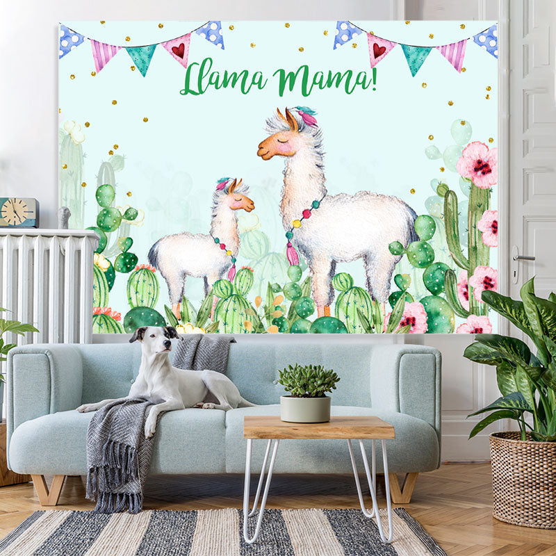 Lofaris Llama Mama Green Cactus Gold Dots Theme Party Backdrop