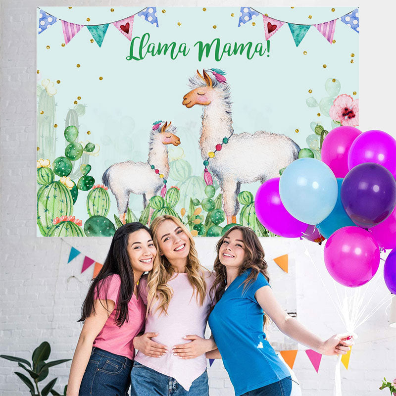 Lofaris Llama Mama Green Cactus Gold Dots Theme Party Backdrop