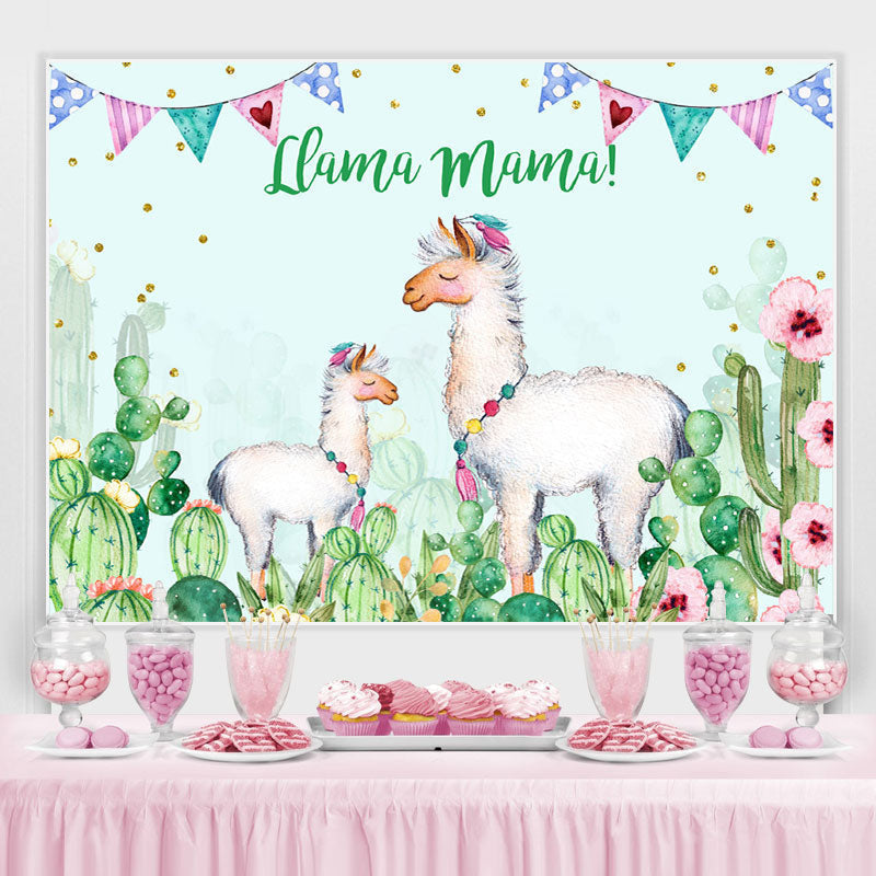 Lofaris Llama Mama Green Cactus Gold Dots Theme Party Backdrop