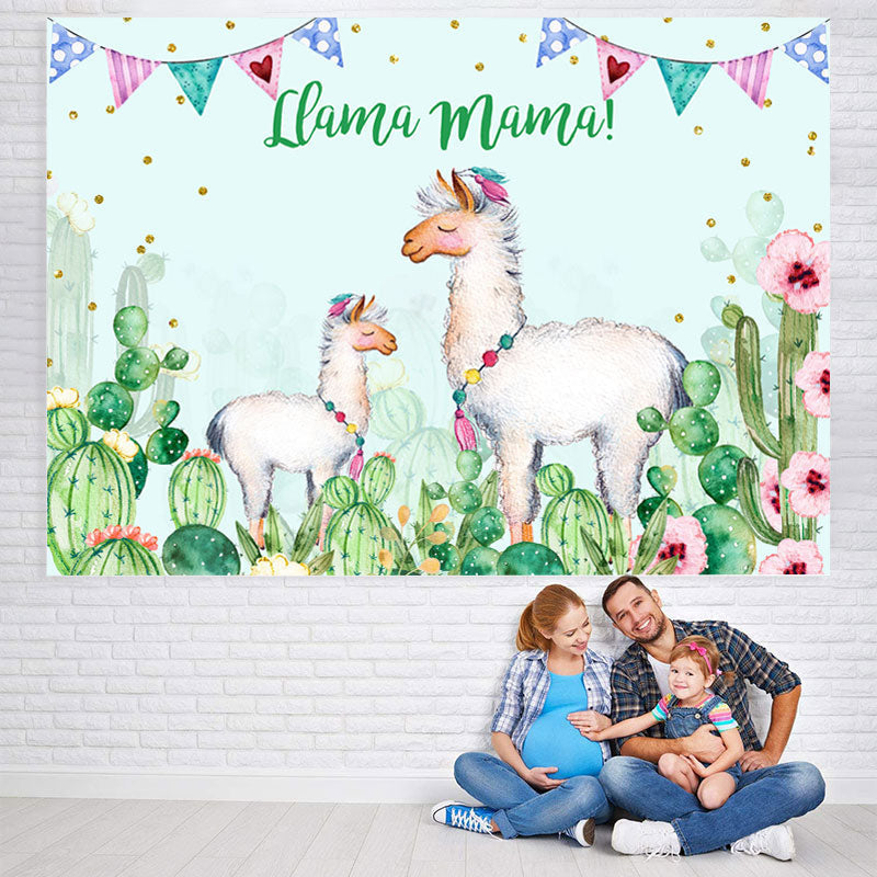 Lofaris Llama Mama Green Cactus Gold Dots Theme Party Backdrop