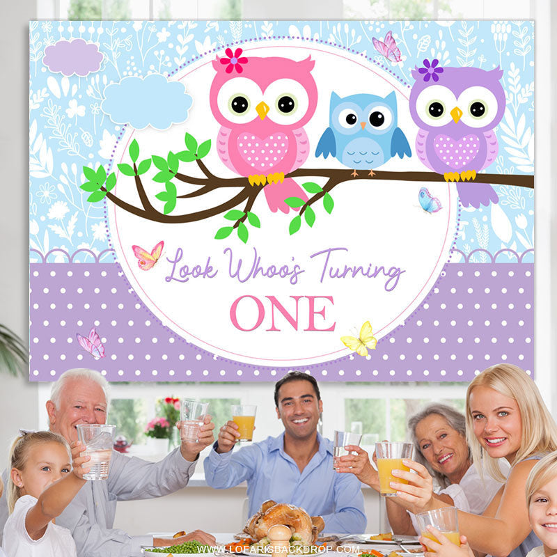 Lofaris Look Whoos Turning One Purple Blue Birthday Backdrop