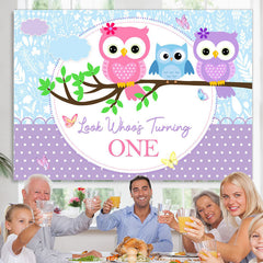Lofaris Look Whoos Turning One Purple Blue Birthday Backdrop
