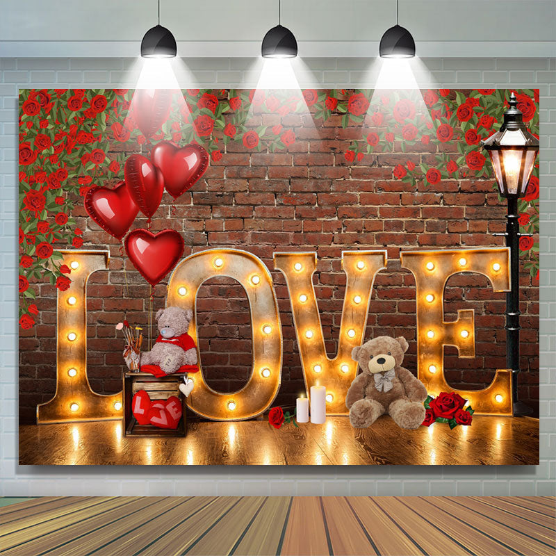 Lofaris Love Light And Rose With Teddy Bear Valentines Backdrop