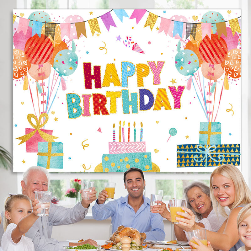 Lofaris Lovely Balloon Flags With Cake Happy Birthday Backdrop