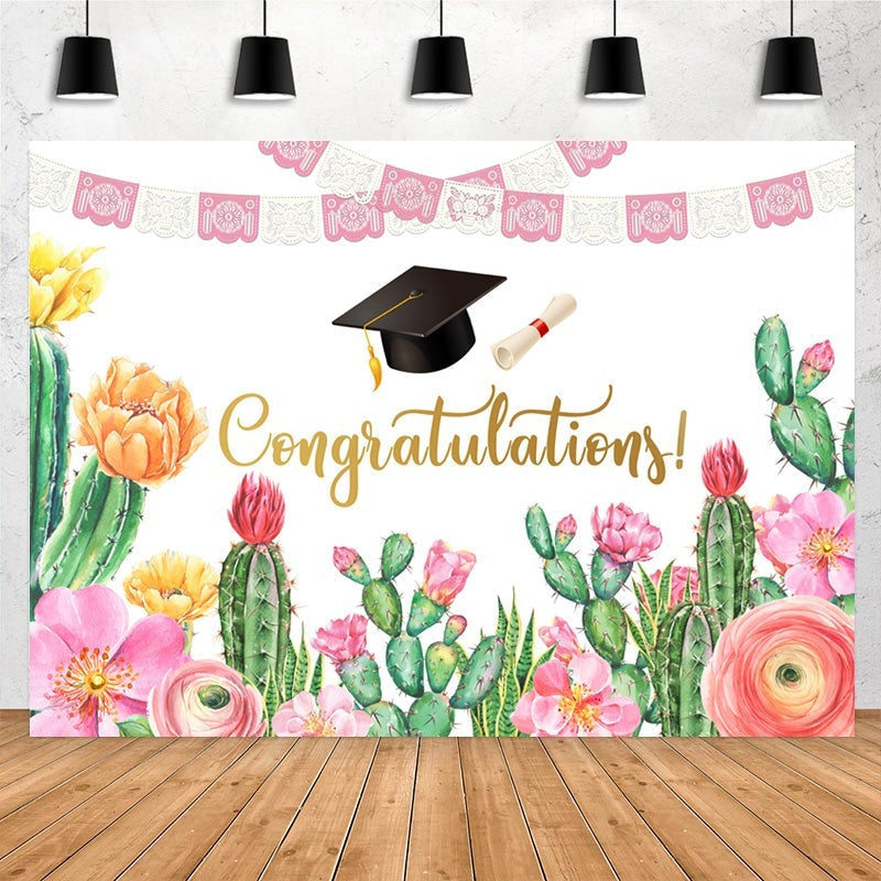 Lofaris Lovely Cactus Flags Themed Happy Graduation Backdrop
