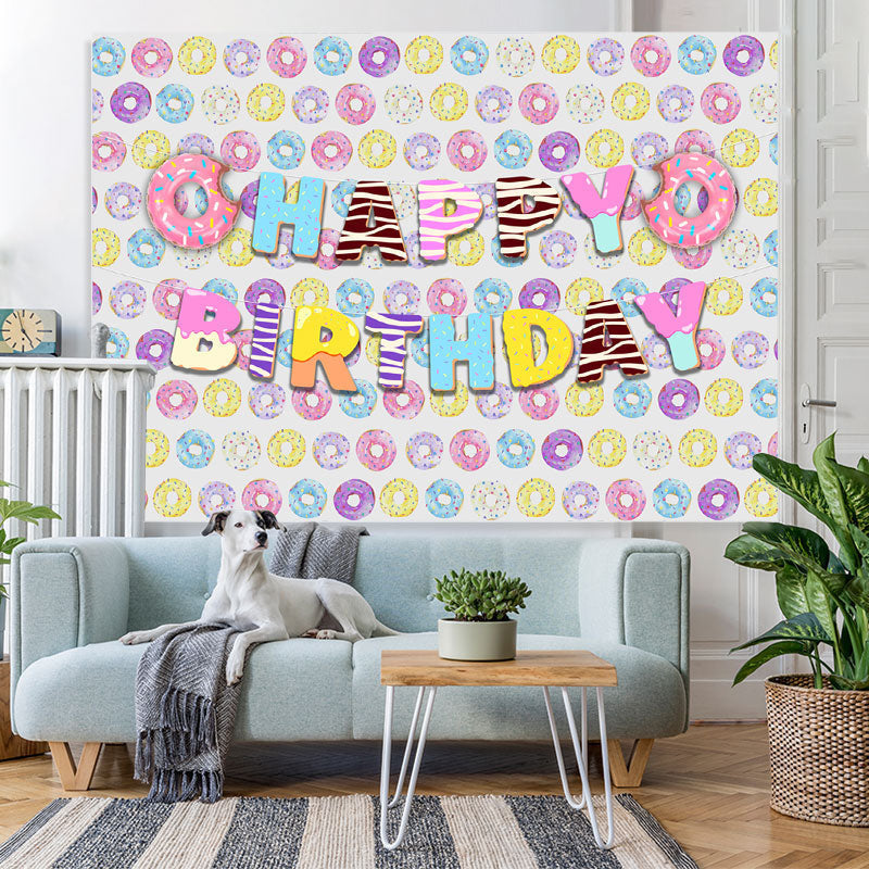 Lofaris Lovely Sweet Donuts Themed Happy Birthday Backdrop